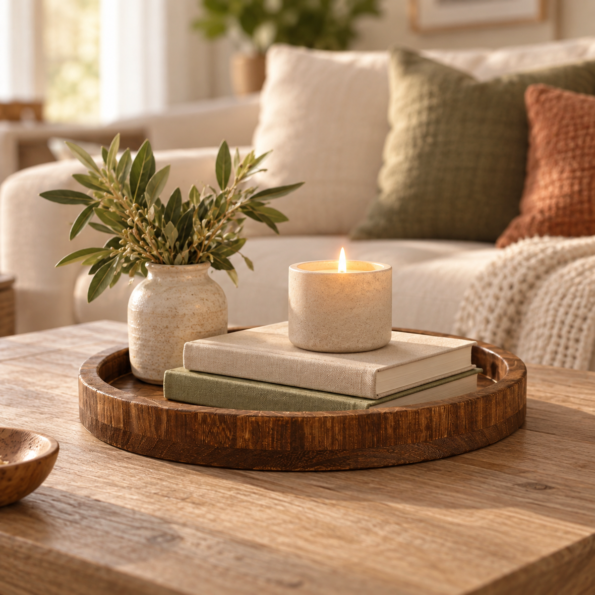Round wood tray on a coffee table with books and a lit candle, part of the Cottage Refresh Bundle