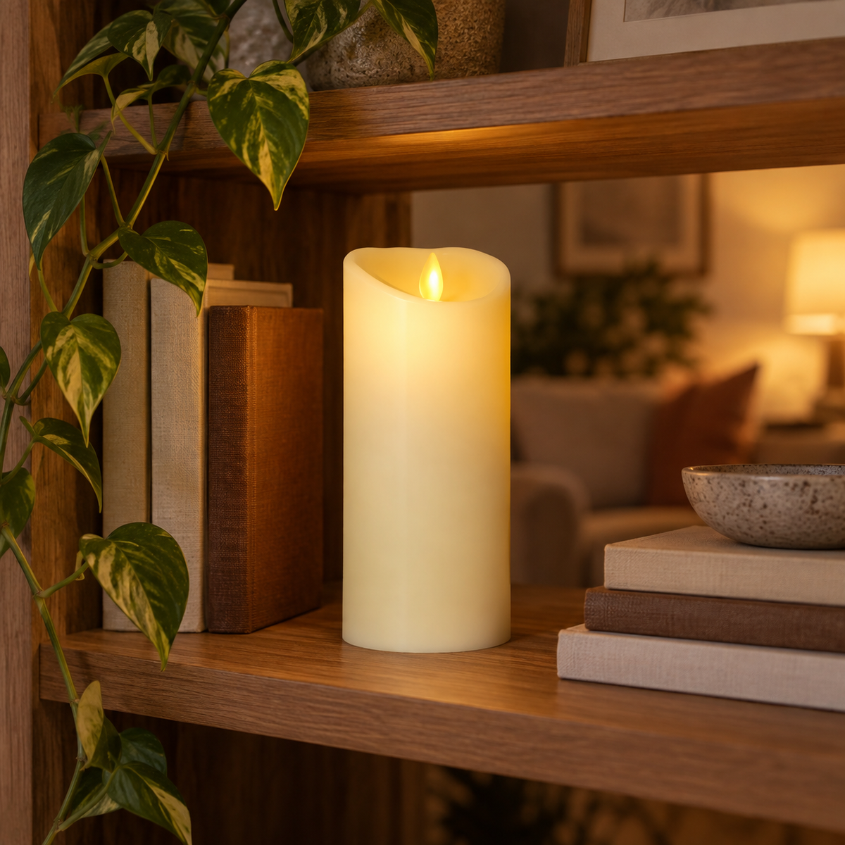 Flameless LED candle on a wooden bookshelf with books and a trailing plant