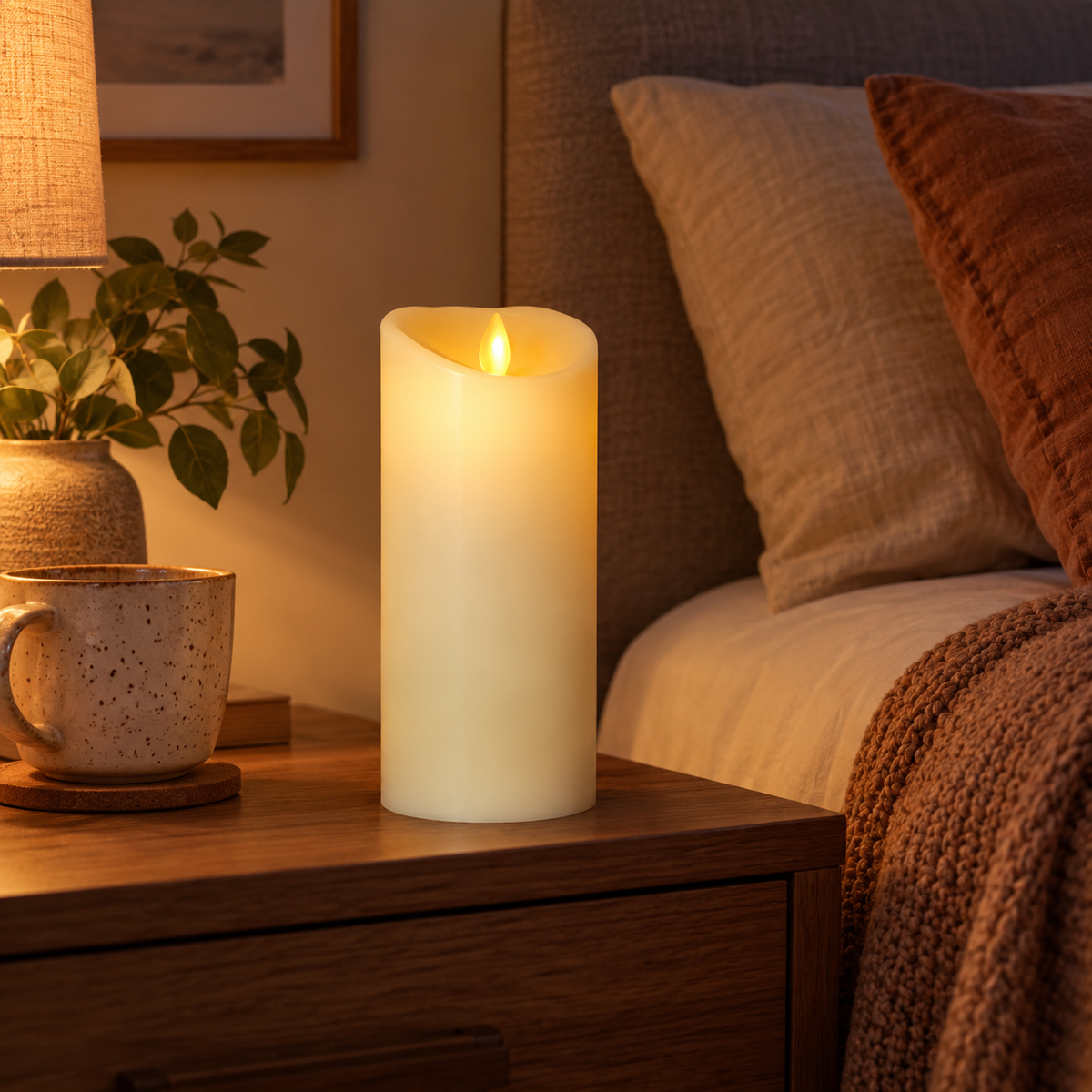 Flameless LED candle on a nightstand beside a knit throw, warm bedroom light