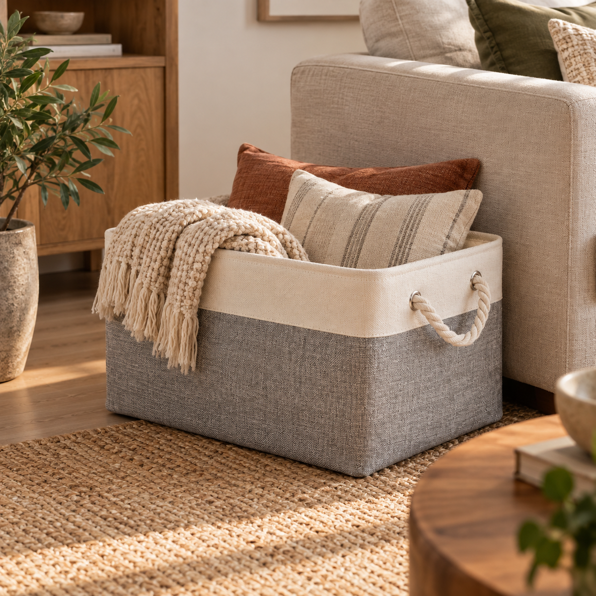 Basket on the floor beside a sofa with pillows and a throw