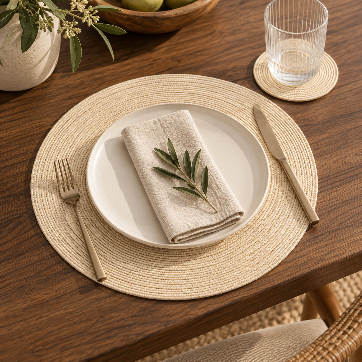 Place setting with placemat, plate and matching coaster (napkin shown for styling only, not included)