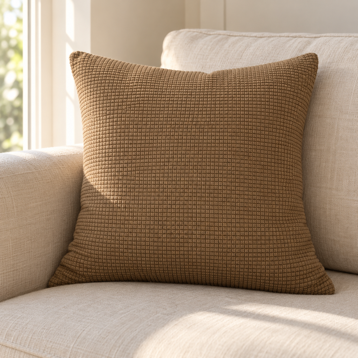 Textured throw pillow cover on a cream linen sofa, part of the Cottage Refresh Bundle